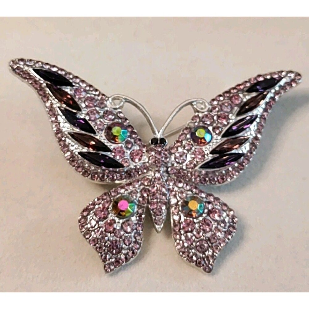 Butterfly Brooch Pink & AB Rhinestones Silvertone